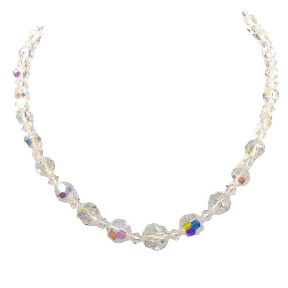 Vintage Faceted AB Crystal Graduated Choker, Aurora Borealis Clear Glass Beads